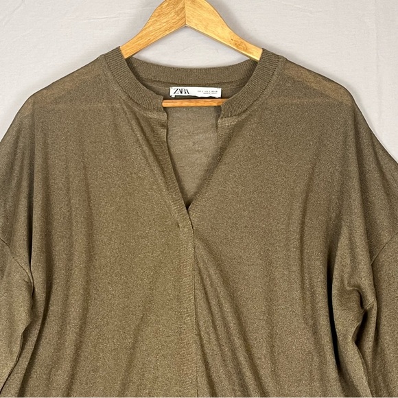 ZARA Linen Blend Oversized Shimmer Tunic Top Womens Small Olive Green Relaxed - Picture 4 of 12